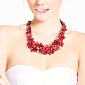 Red Coral Daisy Necklace Love Floral Cluster Handmade Statement Boho Jewelry